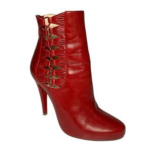 Christian Louboutin Aziboot 100 Red Leather Cutout Ankle Boots Size 37 EU 7 US